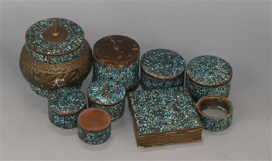 A collection of Eastern, brass and turquoise boxes and a napkin ring